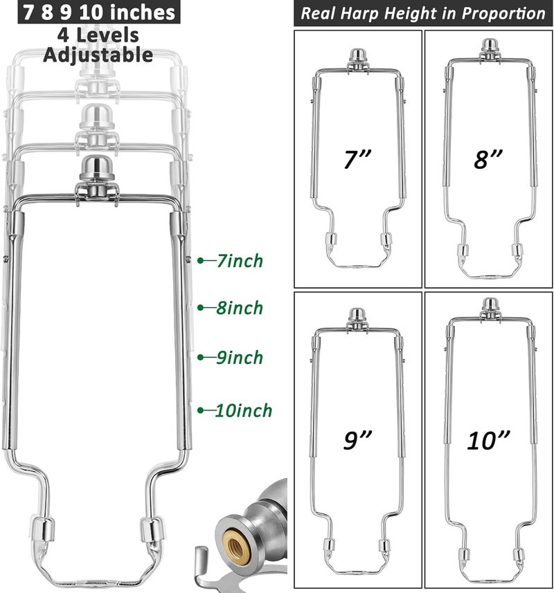 EMNOOTI 7 8 9 10 inch Lamp Shade Harp Holder,Adjustable Lamp Harp Kit,Fit Both Standard Lamp Rod and E26 Light Base UNO Fitter Adapter,with 2 Shade Attaching Finial Top (Silver Color - 2 Set) - Image 2